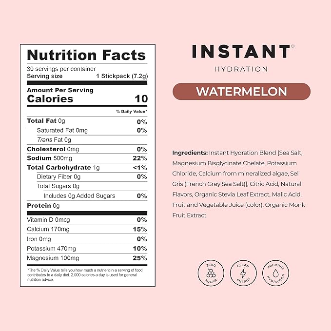 Instant Hydration Electrolytes Powder Packets - Watermelon Electrolyte Drink Mix - Zero Sugar - Keto Vegan Gluten-Free Non-GMO - Boost Recovery Brain Health Muscle &amp Tissue Support- 30 Sticks