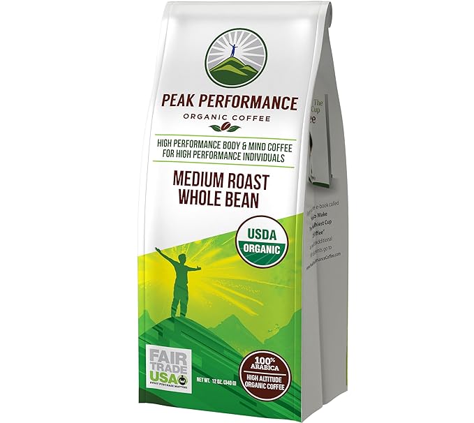 Peak Performance High Altitude Organic Coffee - Fair Trade Low Acid Non GMO and Beans Full of Antioxidants - Medium Roast Smooth Tasting USDA Certified Organic Whole Bean Coffee Bag 12 oz