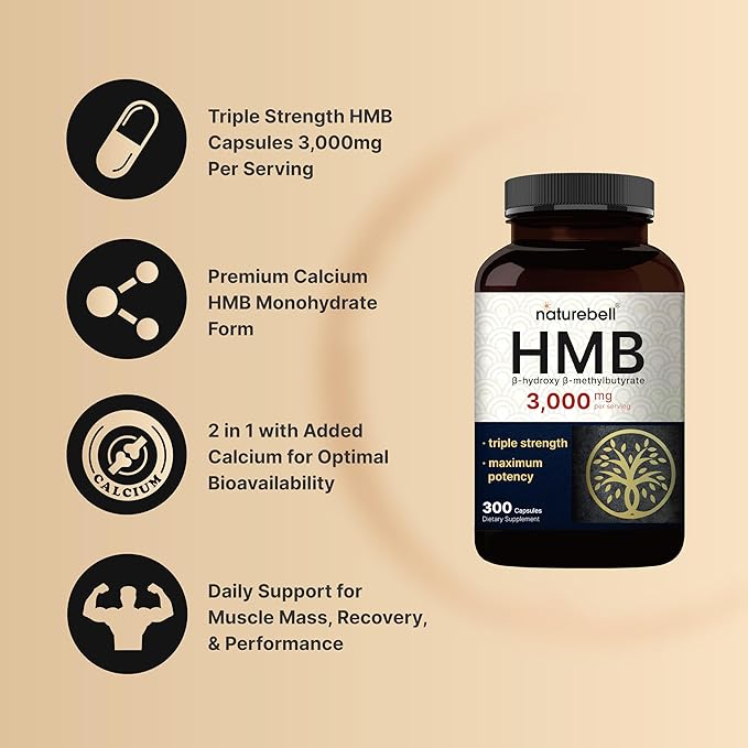 NatureBell HMB 3000mg - 300 Capsules - Triple-Strength Supplement for Lean Muscle Mass Support - Aids Against Muscle Breakdown in Men &amp Women* - Non-GMO &amp Gluten-Free
