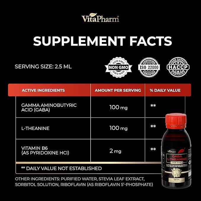GABA L-Theanine Supplement for Kids - Liquid GABA with Vitamin B6 - Supports Emotional Well-Being Stress Relief Relaxation and Cognitive Health - 100 ml Non-GMO L-Theanine Liquid Formula