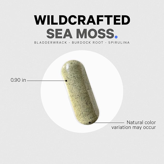 Codeage Raw Wildcrafted Irish Sea Moss Supplement Spirulina Algae Bladderwrack Seaweed Burdock Root Black Pepper Vegan Non-GMO 120 Capsules