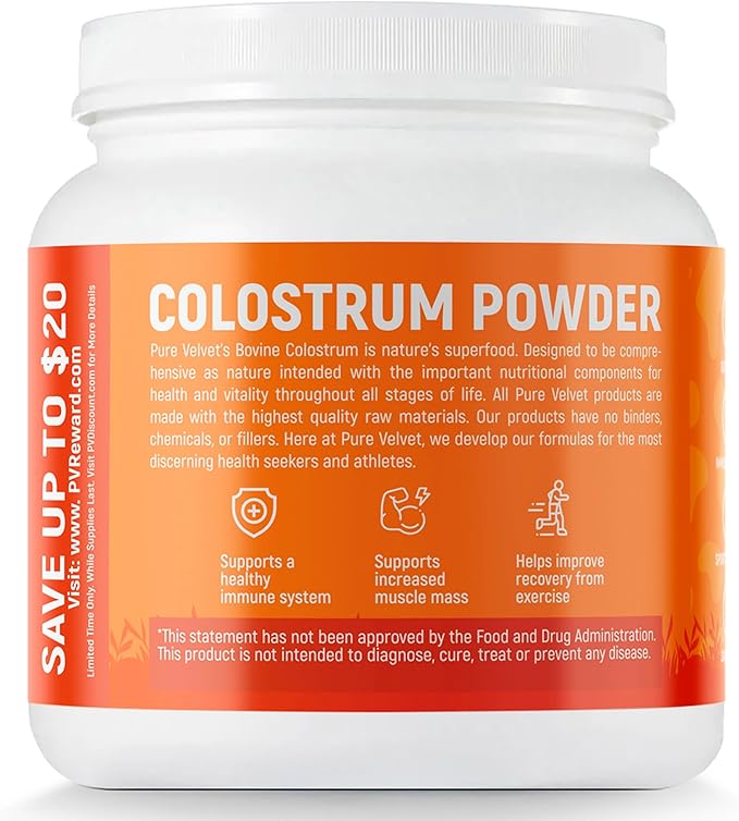 Pure Velvet Colostrum Powder for Gut Health Bloating Hair Growth Immune Support Bovine Cow Sourced Colostrum Protein Lactoferrin Supplement Contains Dairy with Immunoglobulins (IgG) (10 Ounce)