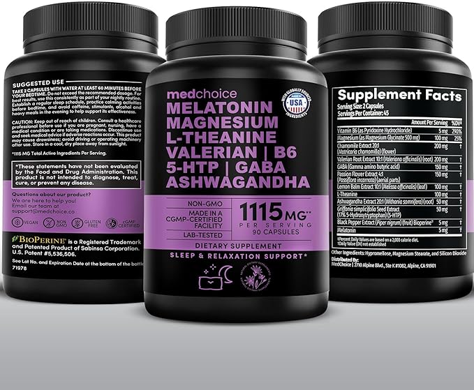 12-in-1 Melatonin Sleep Capsules - Natural Sleep Aids for Adults with Melatonin 5mg and Magnesium Glycinate 500mg Sleep Aid with Ashwagandha L Theanine Valerian Root GABA 5-HTP (90ct Pack of 1)