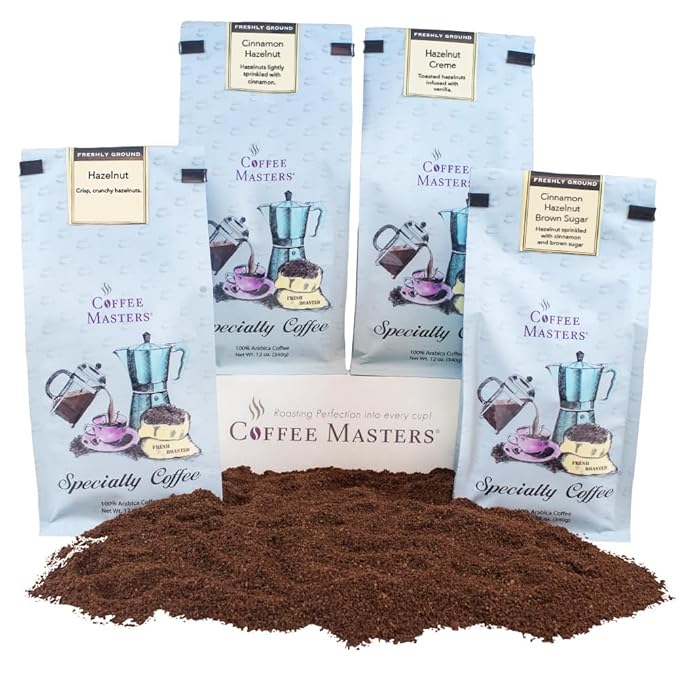 Coffee Masters Ground Coffee Sampler Hazelnut Cinnamon Hazelnut Hazelnut Creme and Cinnamon Hazelnut Brown Sugar 48 Ounce