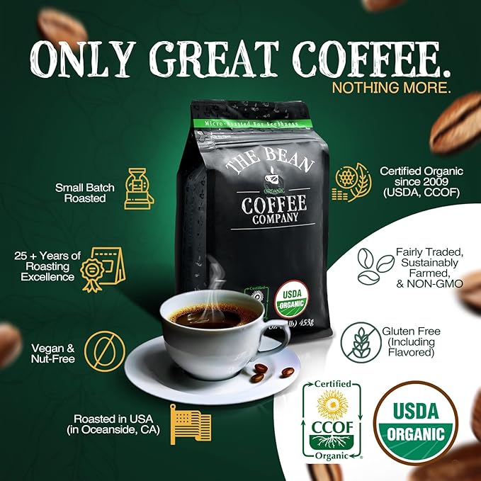 The Bean Organic Coffee Company Premium Espresso Dark Roast Whole Bean Coffee 16-Ounce Bags (Pack of 2)