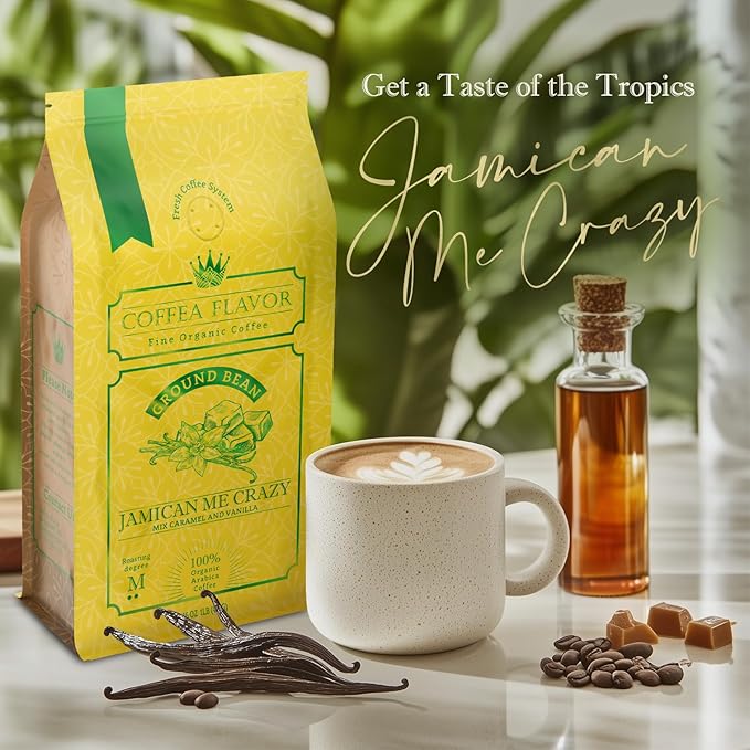 Flavored Ground Coffee – Jamaican Me Crazy (Caramel and Vanilla) 100% Arabica Single Origin Medium Roast USDA Organic Naturally Flavored – by Coffea Flavor
