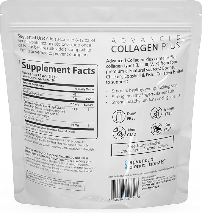 Advanced Collagen Plus Powder – 5 Types of Collagen (I II III V X) with Biotin &amp Chondroitin Sulfate – Supports Skin Hair Joints &amp Nails – Unflavored Easy-Mix Formula