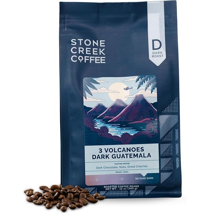 Stone Creek Coffee Dark Roast Whole Bean Coffee – 12 Ounce (Pack of 1) – Smooth Fresh Roasted Coffee Beans with Dark Chocolate Tasting Notes 3 Volcanoes Dark Guatemala