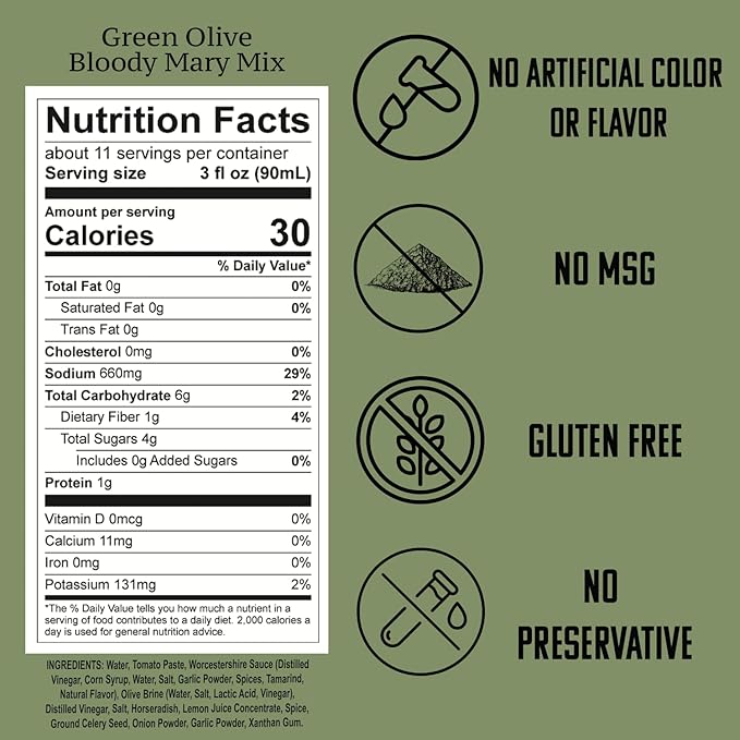 SPOOKY - Green Olive Bloody Mary Mix - Made With All Premium Natural Ingredients - No Artificial Color or Flavor - No Preservative No MSG Low Carb Low Calorie &amp Gluten Free - 32 Oz (Pack of 2)