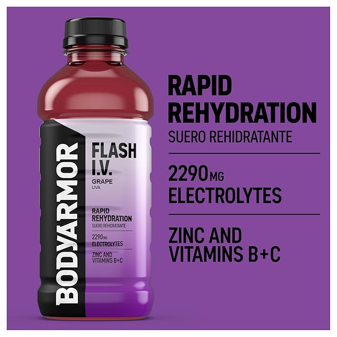 BODYARMOR Flash I.V. Electrolyte Beverage Grape Hydration Drink with Coconut Water For Rapid Rehydration Post Workout Recovery 20 Fl Oz (Pack of 12)