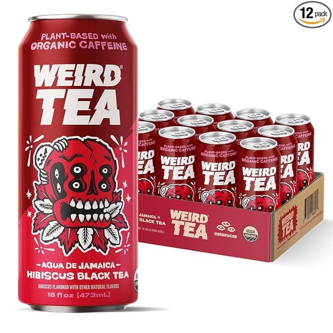 Drink Weird Organic Agua de Jamaica Hibiscus Black Tea – 16oz Cans 160mg Organic Caffeine Pack of 12 – Bold &amp Refreshing Energy Drink Alternative