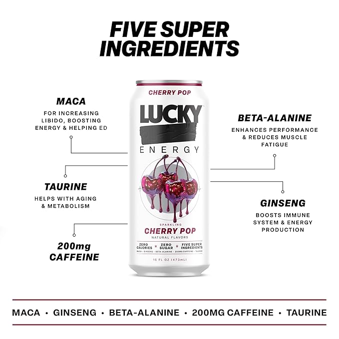 Lucky Energy Sugar Free Energy Drinks Cherry Pop 16oz Cans (12-Pack) Healthy Zero Sugar Energy Drink with Maca Ginseng Beta-Alanine Taurine &amp 200mg Caffeine