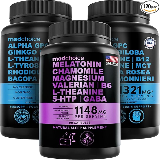 MEDCHOICE Sleep Melatonin (90ct) and Nootropic Brain (120ct) Supplement Bundle - Wellness Duo for Sleep Brain Focus &amp Mood Support - Vegan Non-GMO Gluten-Free