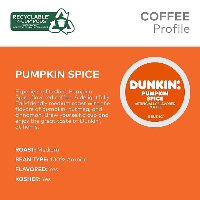 Dunkin' Donuts Pumpkin Spice Coffee Keurig K-Cup Pods Medium Roast 24/Box
