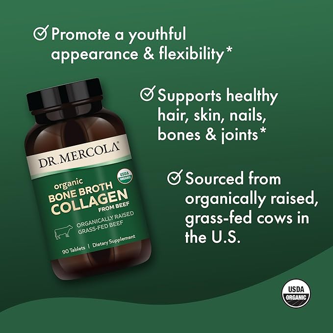 Dr. Mercola Organic Bone Broth Collagen – Organically Raised Grass-Fed Beef – Dietary Supplement – Supports Bone and Joint Comfort – USDA Organic Non-GMO – 30 Servings (90 Tablets)