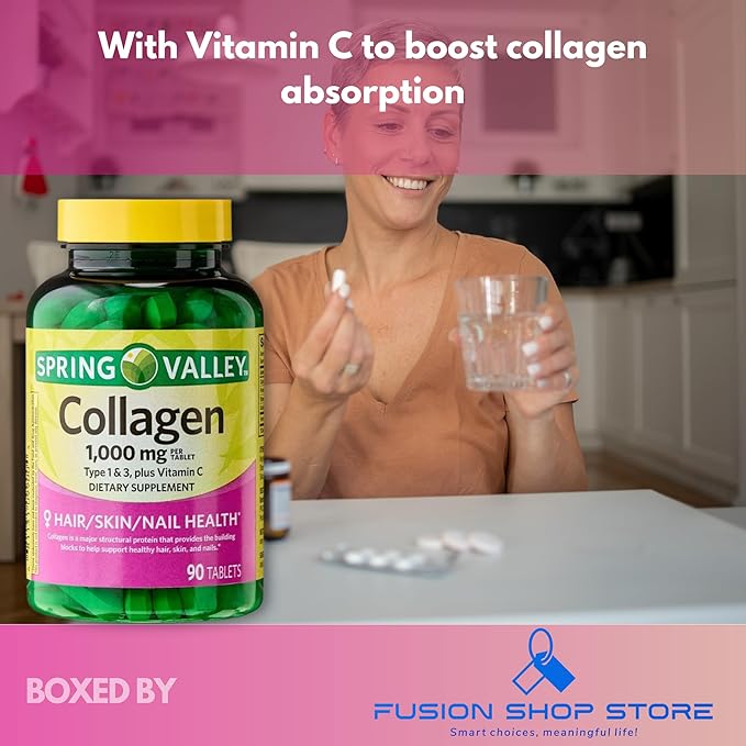 Collagen Plus Vitamin C- Tablets 1000mg Hair Skin and Nails 90ct (Pack of 1) Boxed by Fusion Shop Store