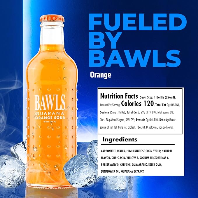 BAWLS Guarana Mandarin Orange BAWLS Guarana Drink Guarana Soda Guarana Fueled Soda for Energy High Energy Caffeinated Drink 10oz 12 Pack Glass Bottles
