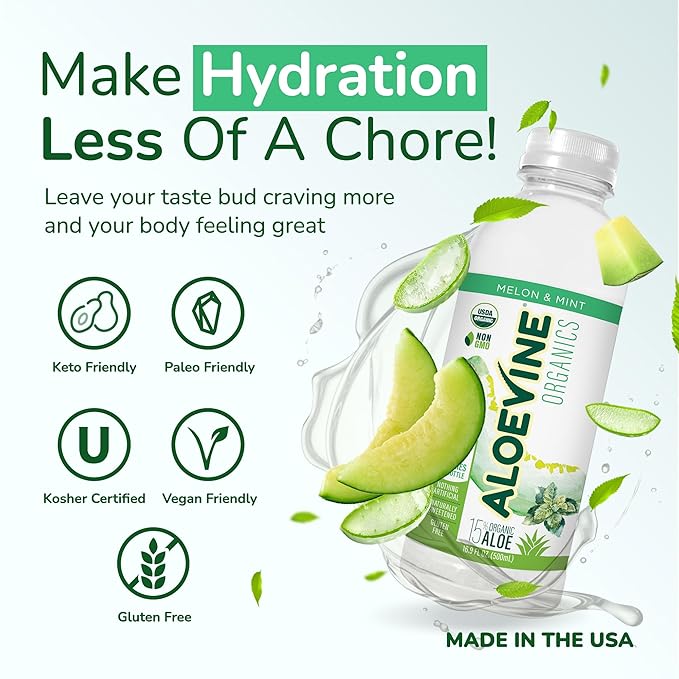 Aloevine Organics No-Pulp Organic Aloe Vera Drink Healthy with Aloe Powder Lemon Juice 5 Calories Low Sugar No Artificial Ingredients 16.9 oz 12 Pack Melon Mint