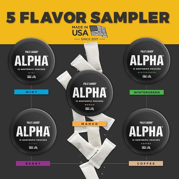 Fully Loaded Alpha Nootropic Pouches (Variety Pack) - 5 Cans - 15 Pouches per can - Effective Nootropic Delivery Nic Pouch Replacement - Faster Absorption Alpha GPC L-Tyrosine GABA