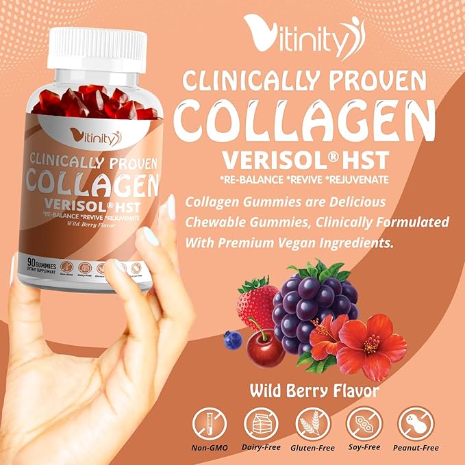 VITINITY VERISOL® HST+HA+VIT C Collagen Hard Chewy Gummies Clinically Proven Beauty.FirmerSmoother SkinFewer WrinklesReduced Cellulite.True Beauty from Within.The Look-Good Feel-Good -30 Day Supply