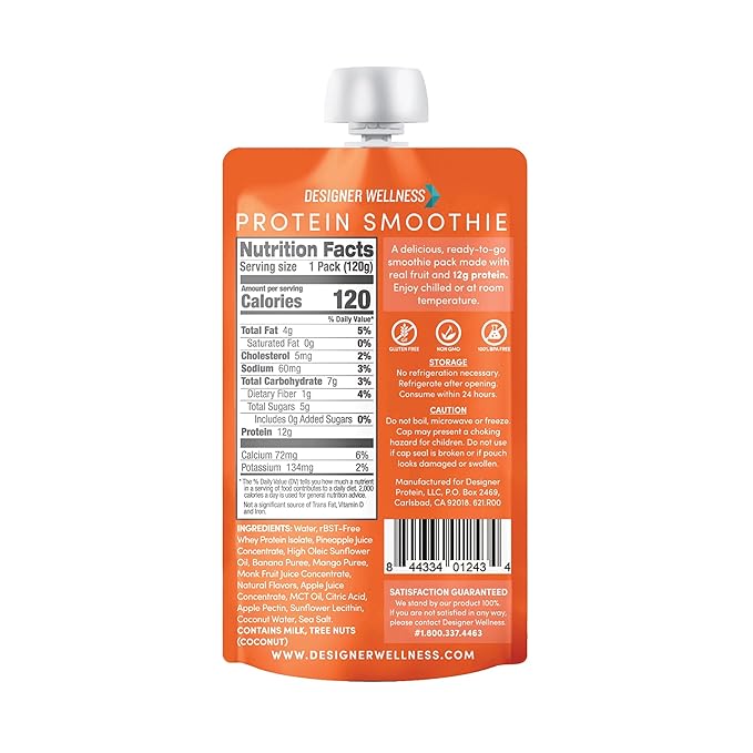 Designer Wellness Protein Smoothie Real Fruit 12g Protein Low Carb Zero Added Sugar Gluten-Free Non-GMO No Artificial Colors or Flavors Tropical 12 Count