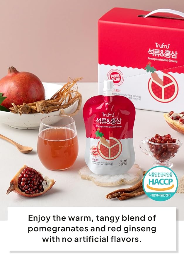 Korean Food Trufru Pomegranate &amp Red Ginseng Essence - All-Natural Zesty Vitality Shot Tart &amp Tangy Morning Boost 15 Individual Pouches (2.7 fl oz Each)