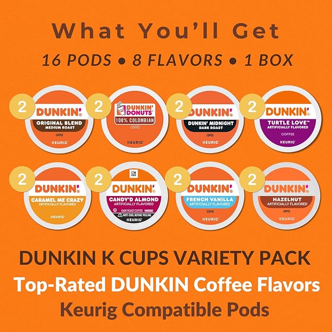 Dunkin K Pods Variety Pack – Original 100% Colombian Midnight Dark Roast Turtle Love Caramel Me Crazy Candy’d Almond French Vanilla Hazelnut – 16pcs 8 Flavors Coffee Gift Box Keurig Compatible