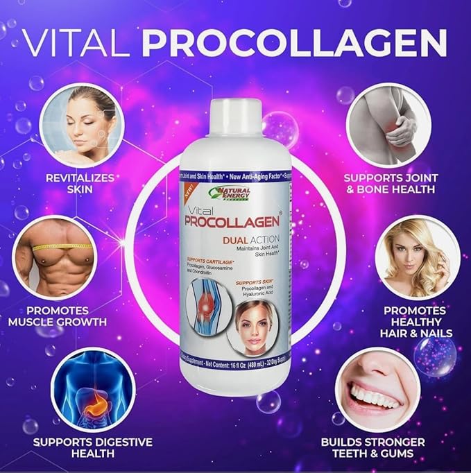Natural Energy Vital Procollagen Dual Action Liquid Supplement Joint and Skin Health Support with Glucosamine Chondroitin Hyaluronic Acid 16 fl oz 2 Pack
