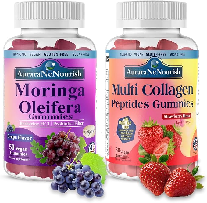 2 Pack Multi Collagen Peptides Gummies + Moringa Gummies Vegan Non GMO Sugar Free
