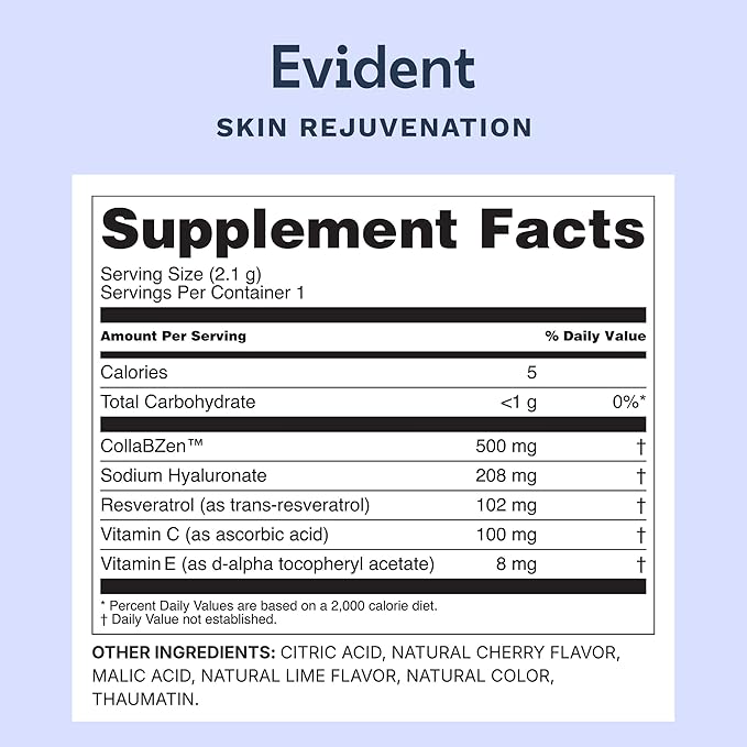 Skin Rejuvenation Powder – Collagen Supplement w/Resveratrol Sodium Hyaluronate CollaBZEn Vitamins C &amp E – Supports Elasticity Hydration Firmness – 2 Pack 30 Sticks Each