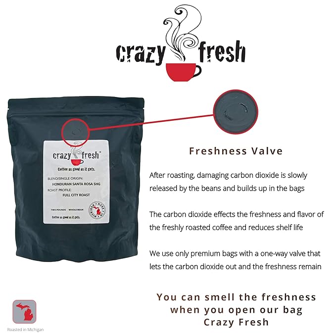 Crazy Fresh Whole Bean Coffee 2 lbs Honduran Santa Rosa Full City - Full City Roast (light med) Master Roasting Super Premium Coffees in Small Batches since 1911 Delivered Fresh