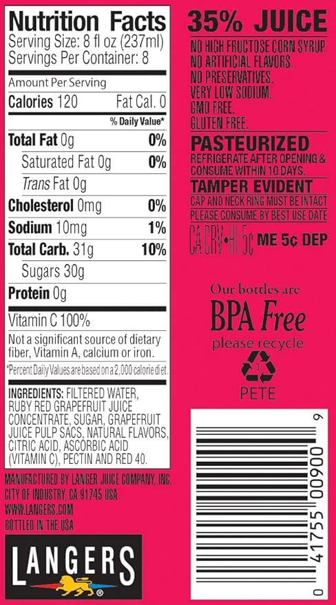 Langers Juice Cocktail Ruby Red Grapefruit 64 Fl Oz (Pack of 8)