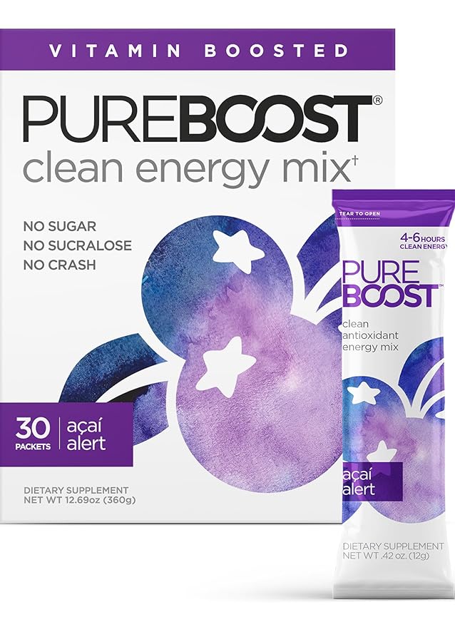 Pureboost Clean Energy Booster Refreshing Energy Drink Mix with B12 Vitamins Electrolytes Antioxidants Sugar-Free with No Sucralose (Acai Alert 30 Count)