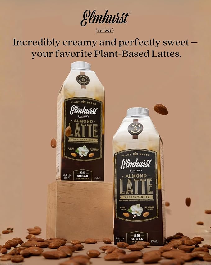 Elmhurst 1925 Toasted Almond Vanilla Latte – Plant-Based Vegan Dairy-Free Plant Milk Latte Made of Cold Brew Premium Arabica with 95mg Caffeine &amp Madagascar Vanilla – 25.4oz (Pack of 6)