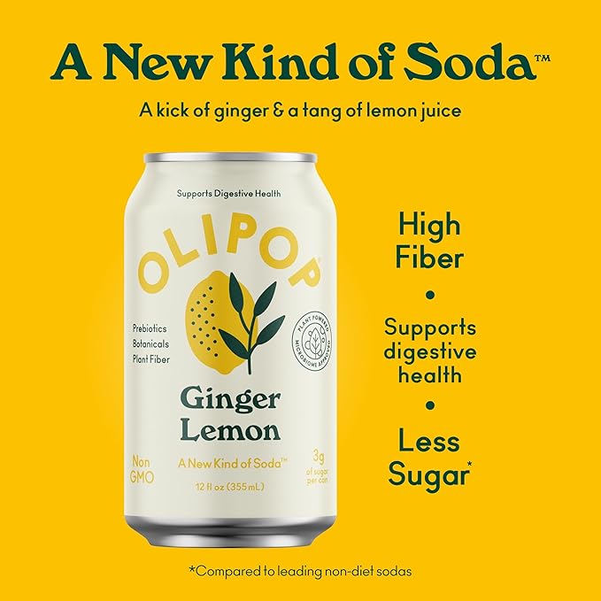 OLIPOP Prebiotic Soda Pop Ginger Lemon A New Kind of Soda Packed with Prebiotics Fiber and Botanicals Gluten Free GMO Free 12oz (12-Cans)