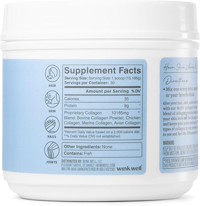 Wink Well Unflavored Multi-Collagen Protein Powder Dietary Supplement Includes 5 Types I II III V and X of Collagen Skin Hair Nails Joint and Immune System Support (2)