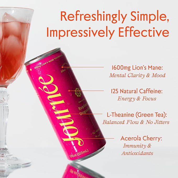 Journée Wellness Energy Drink Natural Caffeine Lion’s Mane L-Theanine 125 mg Caffeine Real Fruit Juice All Natural 0 Added Sugar Cognition Immunity - Raspberry Dragonfruit – 12 Pack