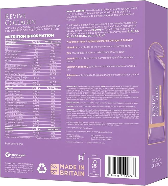 Revive Collagen Menopause Beauty Sleep — Hydrolyzed Marine Collagen Drink for Women 7500MG Zinc Chicory Root Fiber Vitamin D &amp K Supports Sleep Quality Apple &amp Blackcurrant Flavour — 14