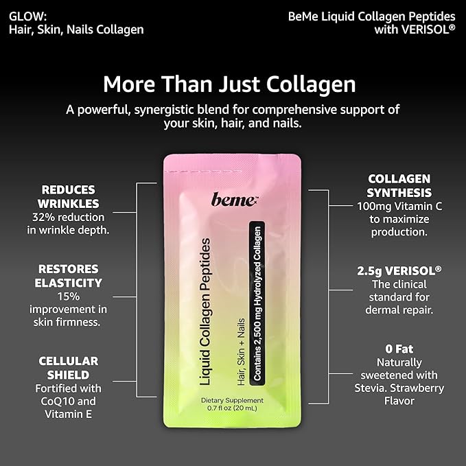 BeMe Liquid Collagen for Women — 2500mg Hydrolyzed Bovine Collagen Peptides Drink with Biotin &amp Vitamin C — Clinically Proven Collagen Supplement for Hair Skin &amp Nails — Strawberry 15 Sache