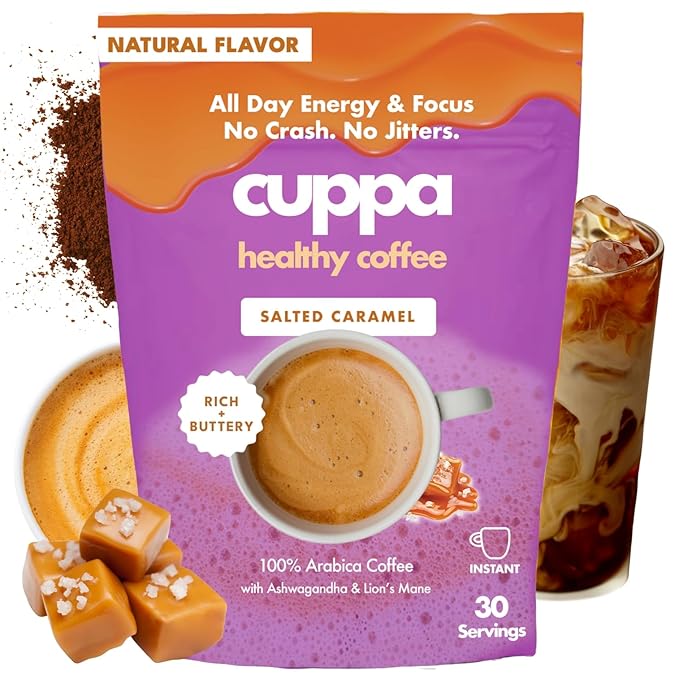 Cuppa Salted Caramel Mushroom Coffee with Adaptogens &amp Superfoods - Lion’s Mane Ashwagandha &amp Cordyceps. Adaptogens + MCT to support natural energy mental focus &amp gut health (30 Servings