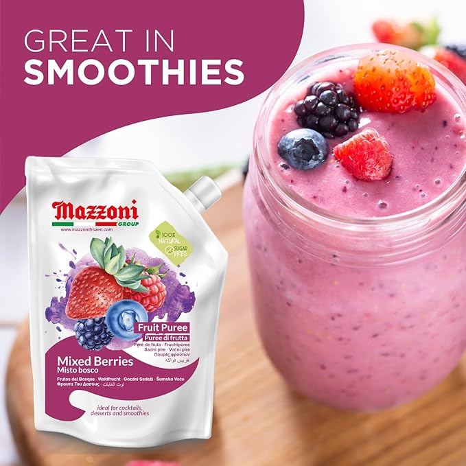 Mazzoni - Mixed Berry Juice Puree 100% Pure Forest Berries (Strawberry Blueberry Raspberry) Just Fruit No Sugar Added 2.2 lbs (35.2 oz) Real Fruit Mixer for Cocktails Drinks Smoothies Conveni