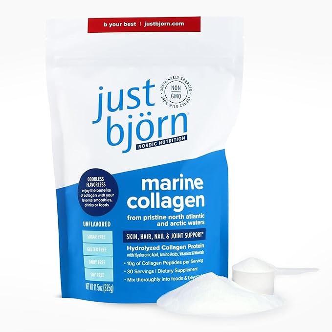 Just Bjorn Marine Collagen Peptides Powder On-The-Go Stick Packs (10 Pack) + 30 Serving Pouch (11.5 Ounce) - Skin Hair Nail and Joint Support - Hyaluronic Acid Vitamin C Amino Acids - Unflavored