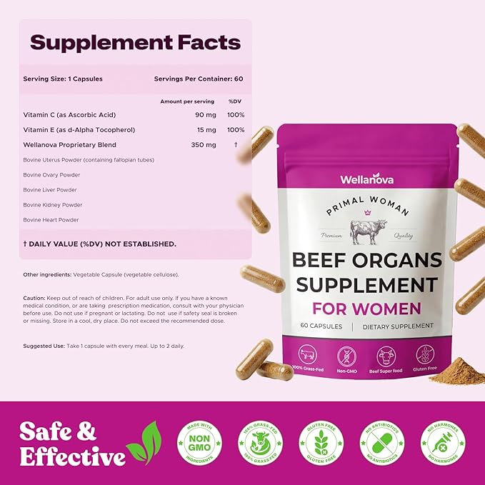 Primal Beef Organ Supplement for Women Grass-Fed Ancestral Superfood Supplement with Uterus &amp Liver for Hormone Balance &amp Queen Energy - 60 Day Supply