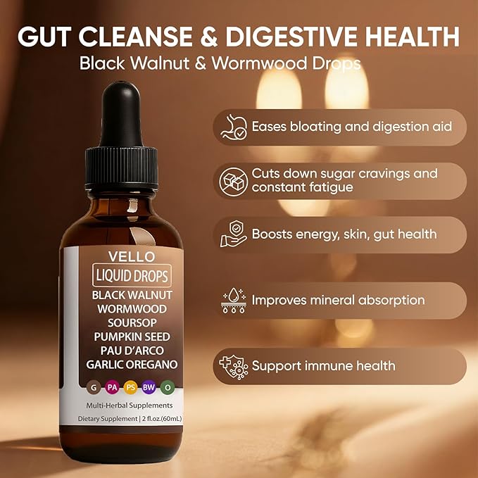 Vello Black Walnut Wormwood Gut Cleanse Wormwood Black Walnut Clove Drops with Garlic Oregano Soursop Pau D'arco Pumpkin Seed Extracts Support Gut &amp Digestion Balance Improve Energy (2)