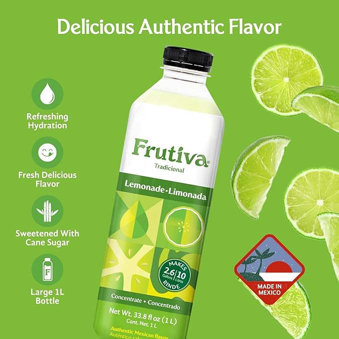 Frutiva Authentic Limonada Drink Mix | Made in Mexico with Cane Sugar | Aguas Frescas Concentrate Makes 2.6 Gallons Per Bottle | No High Fructose Corn Syrup | Perfect for Drinks Desserts &amp More |