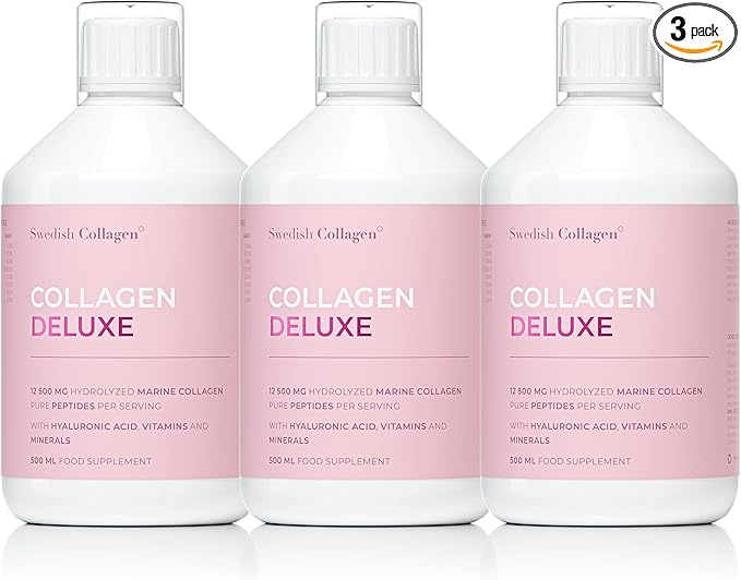 Swedish Collagen Deluxe | 12500 mg Hydrolyzed Marine Collagen Liquid Supplement - 3 x 500 ml (1500 ml in Total) 60 Day Supply | Hyaluronic Acid Biotin &amp Vitamin C for Hair Skin Nails &amp J
