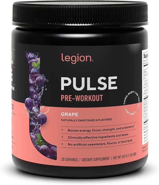 LEGION Pulse Pre Workout - All Natural Nitric Oxide Preworkout Drink to Boost Energy Creatine Free Naturally Sweetened Beta Alanine Citrulline Alpha GPC (Grape)