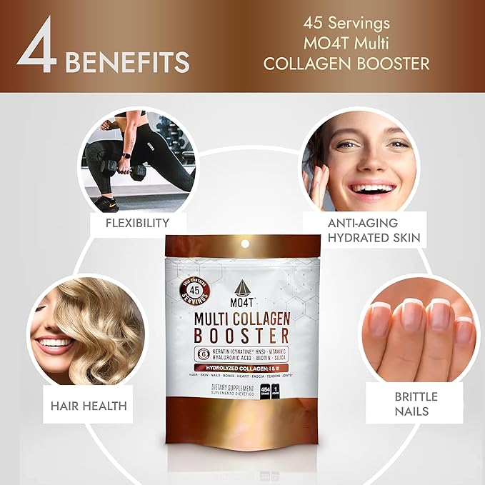 Multi Collagen Booster Powder – Extra Strength Collagen Supplement with Added Keratin Biotin Hyaluronic Acid Vitamin C &amp Silica – Extra Nutrients for Hair Nails&amp Skin -1 Pound