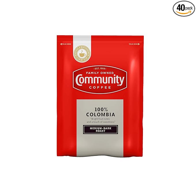 Community Coffee 100% Colombia Pre-Measured Coffee Packs Medium Dark Roast 2.5 Ounce Each (Box of 40)
