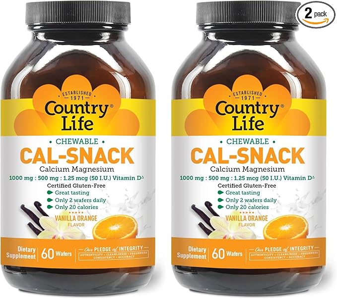 Country Life Cal-Snack Chewable Calcium Magnesium with Vitamin D 1000mg/500mg/50 IU Dairy-Free Vanilla Orange Flavor 60 Wafers Certified Gluten Free Certified Vegan (Pack of 2)